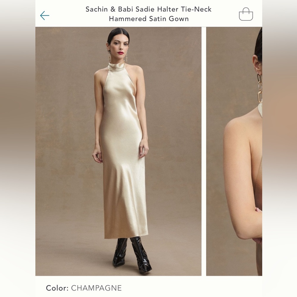 Sachin + Babi Champagne Sadie Halter Tie-Neck Hammered Satin Gown
